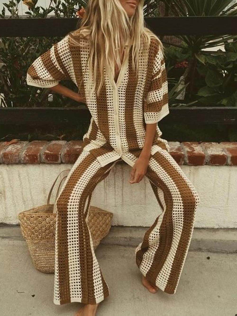 Loose V-Neck Fashion Hollow Out Striped Shirt Wide Leg Pants Set