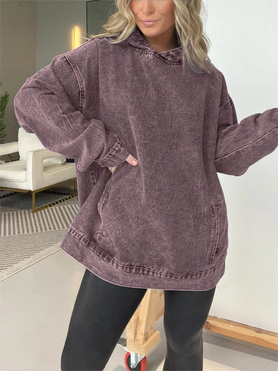 WOMEN'S CASUAL WASHED DENIM HOODED PULLOVER WITH POCKETS