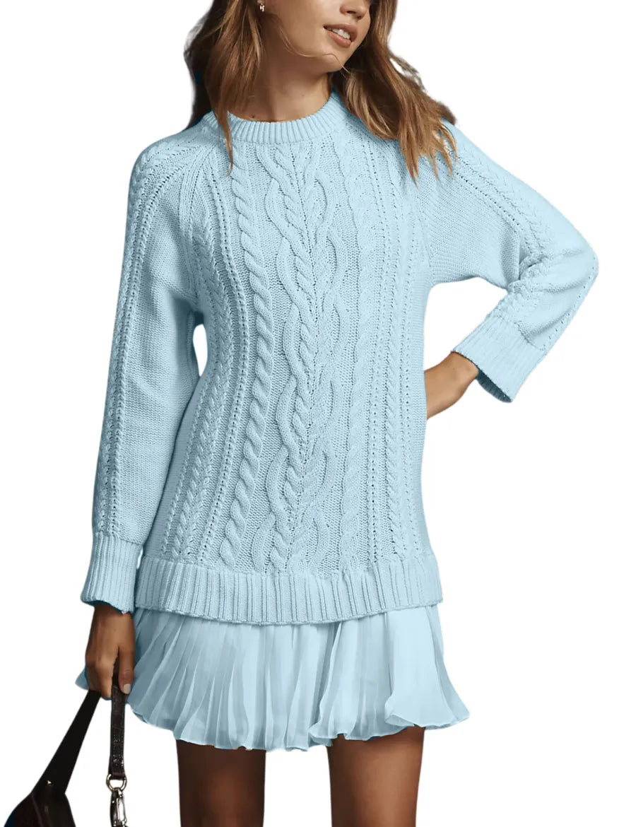 WOMEN CREWNECK CABLE KNIT SWEATER MINI DRESS