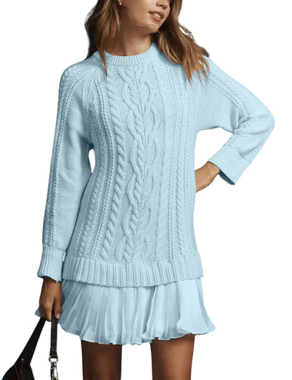 WOMEN CREWNECK CABLE KNIT SWEATER MINI DRESS