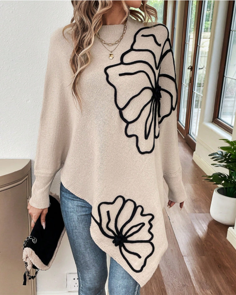 Floral Loose Fit Sweater with Bat Sleeves