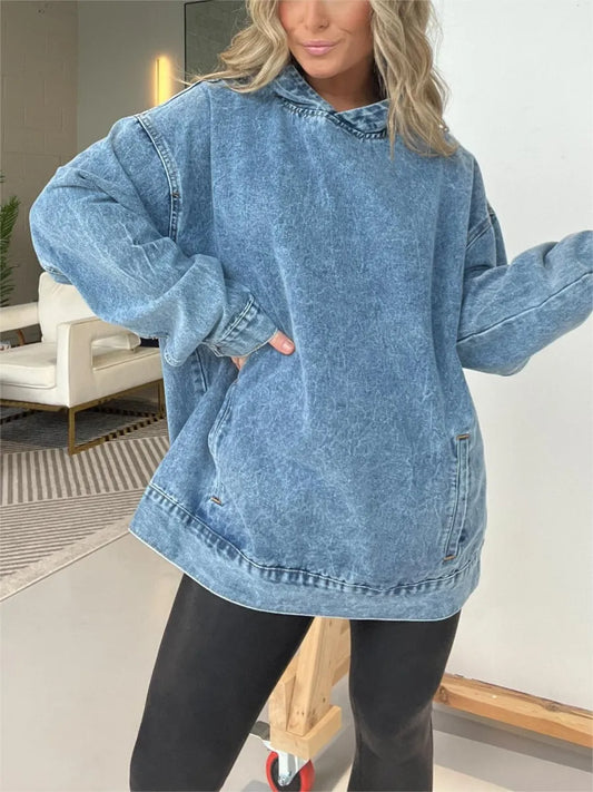 WOMEN'S CASUAL WASHED DENIM HOODED PULLOVER WITH POCKETS