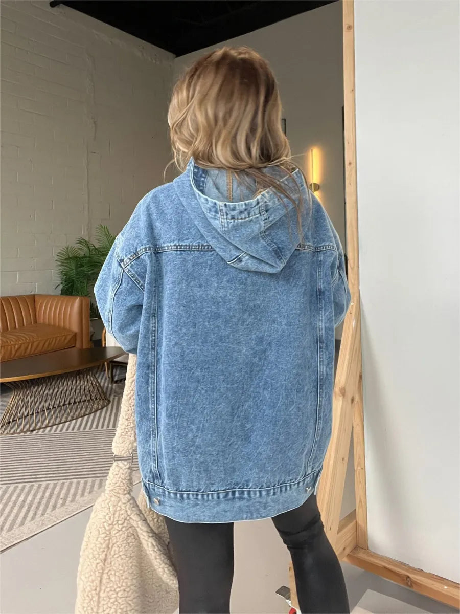 WOMEN'S CASUAL WASHED DENIM HOODED PULLOVER WITH POCKETS