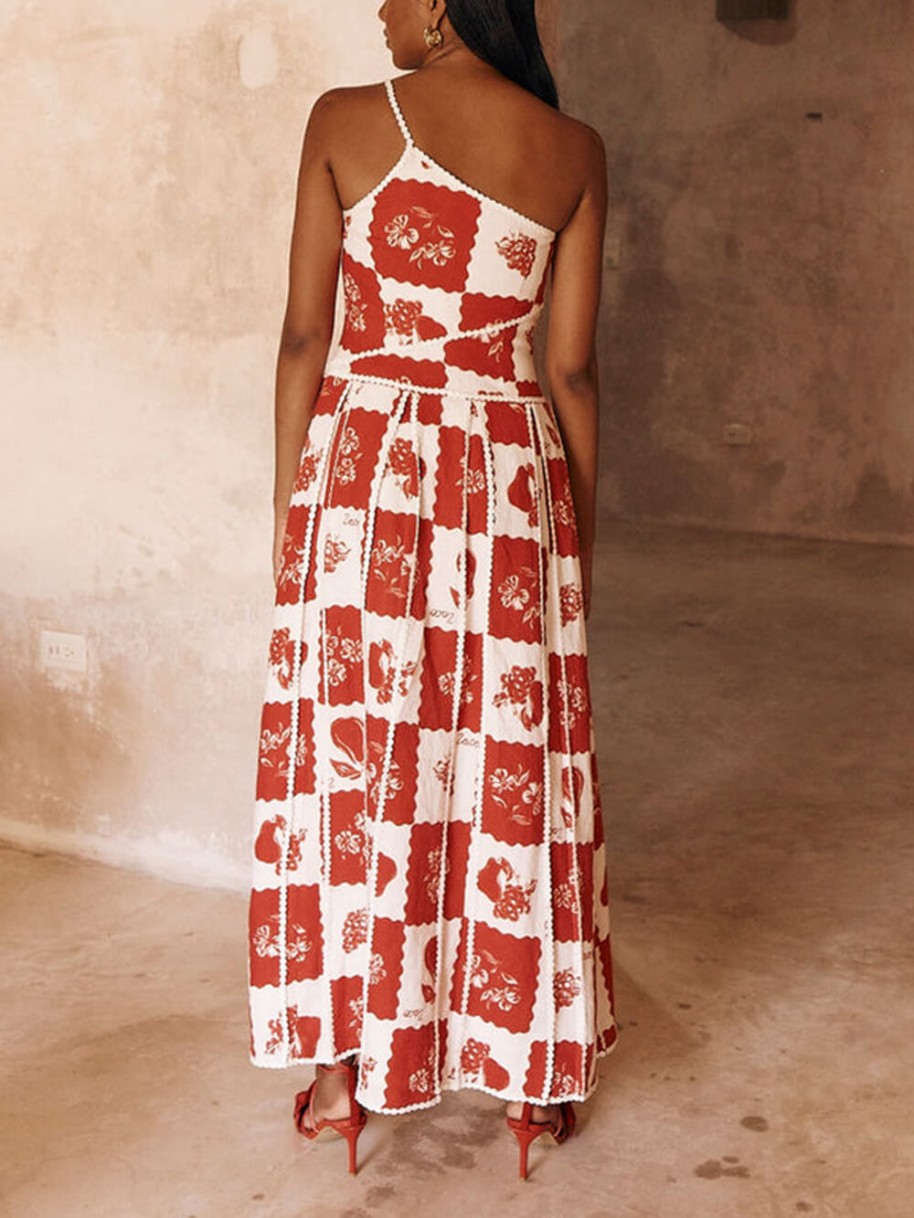 Unique Printed Floral Trim One Shoulder Flared Maxi Dress