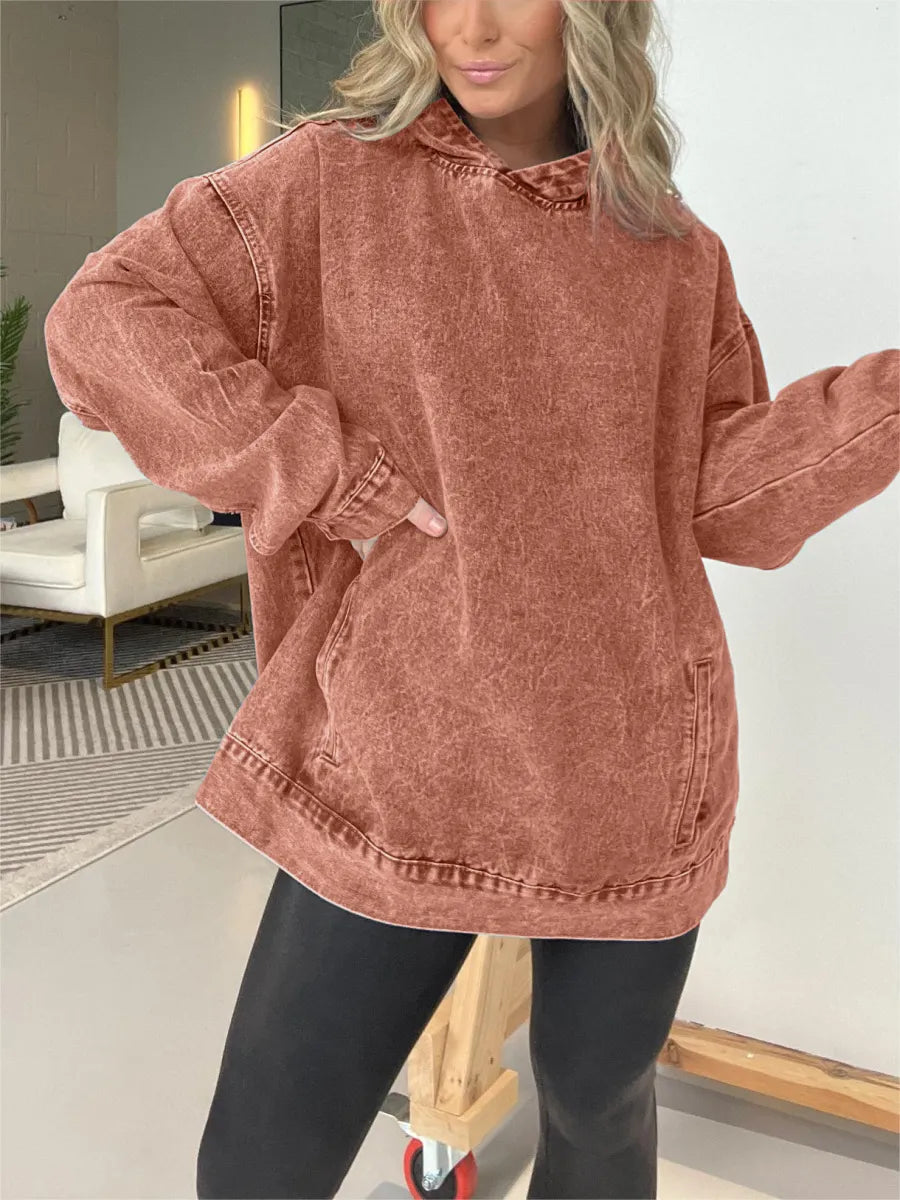 WOMEN'S CASUAL WASHED DENIM HOODED PULLOVER WITH POCKETS