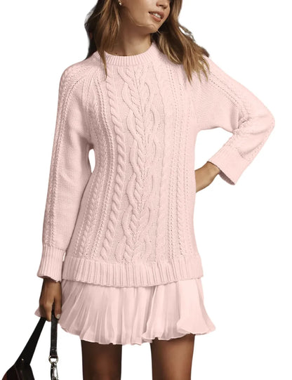WOMEN CREWNECK CABLE KNIT SWEATER MINI DRESS