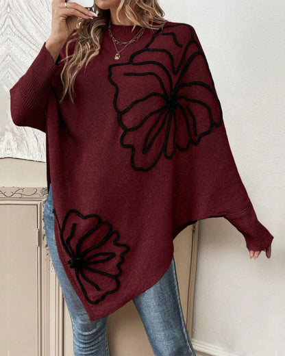 Floral Loose Fit Sweater with Bat Sleeves