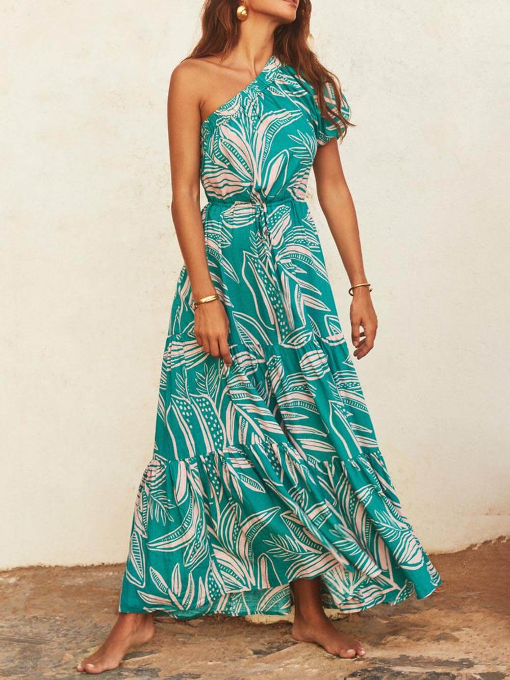 Off-Shoulder Palm Leaf Print Holiday Style Floral Dress