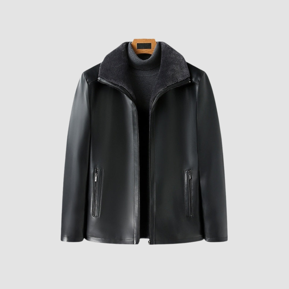 Old Money Thickened Fur Collar Leather Jacket