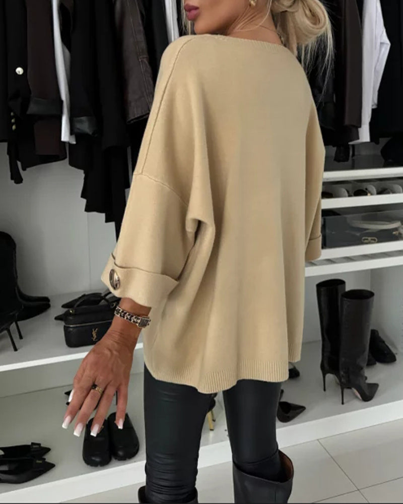 Fashion solid color round neck button pullover