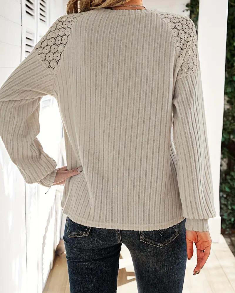 Elegant Ribbed Knit Sweater with Lace Detail