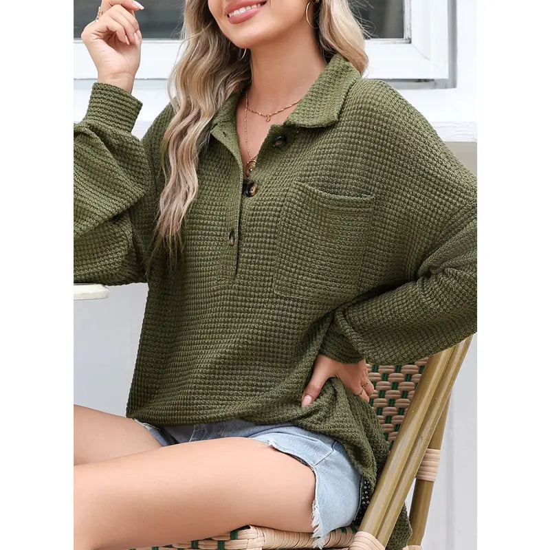 Women's Oversized Henley Waffle Shirts Tops