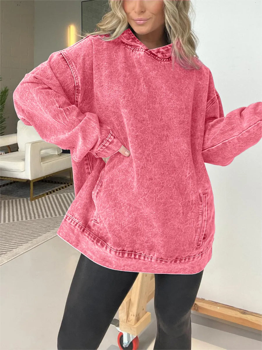 WOMEN'S CASUAL WASHED DENIM HOODED PULLOVER WITH POCKETS