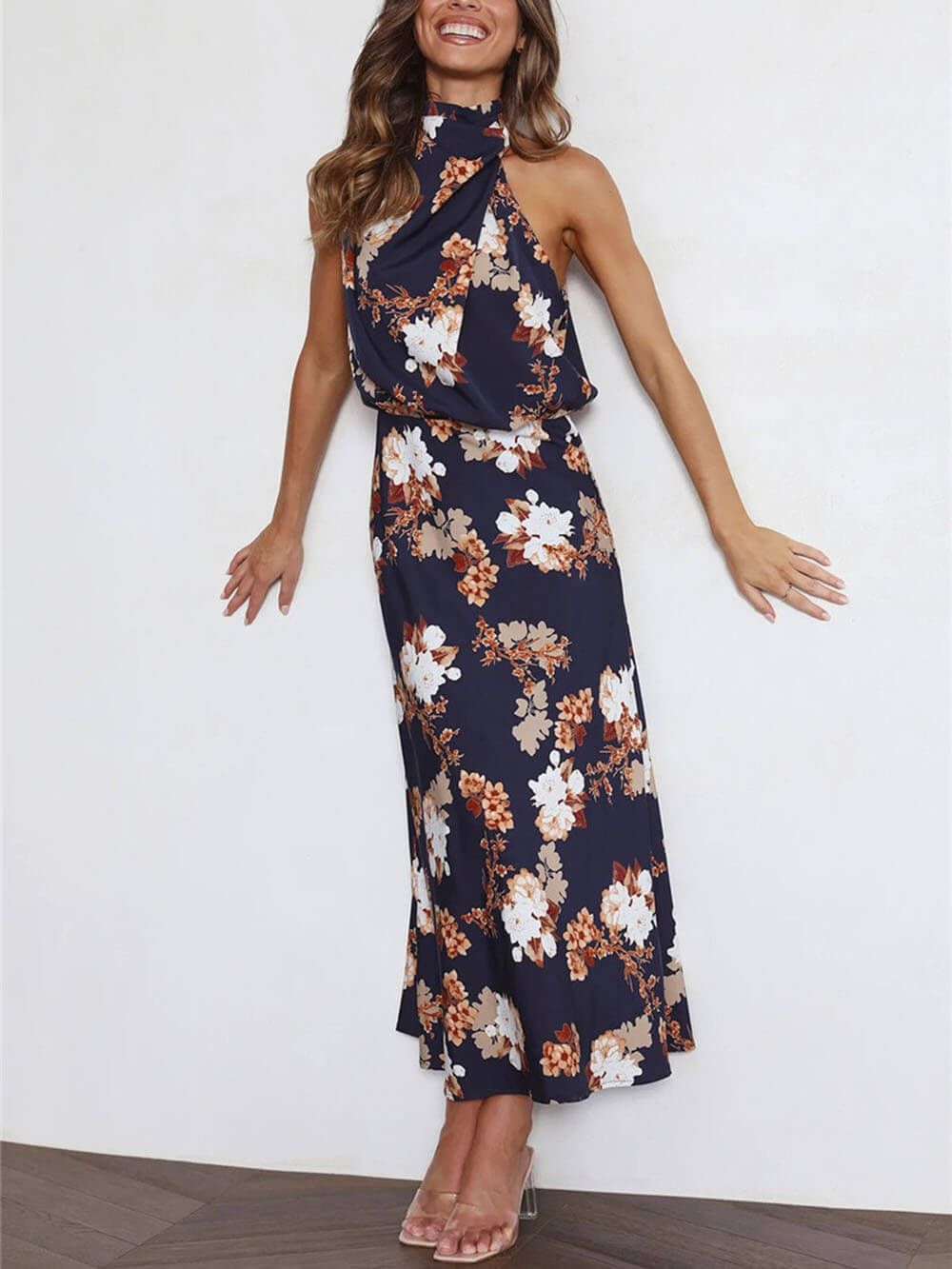 Halter Neck Floral Elastic Waist Maxi Dress