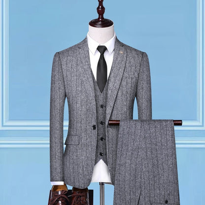 Old Money Slim Fit Style Striped Three-Piece Suit