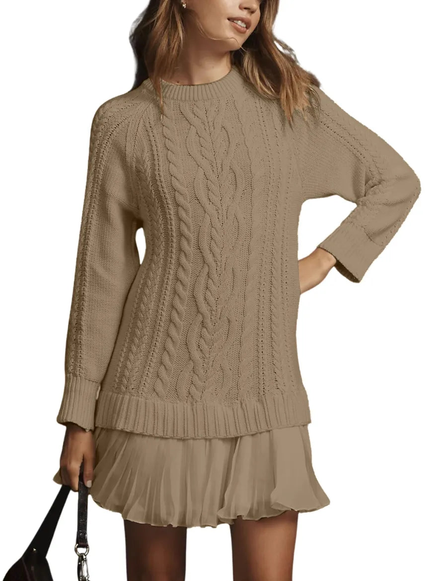 WOMEN CREWNECK CABLE KNIT SWEATER MINI DRESS