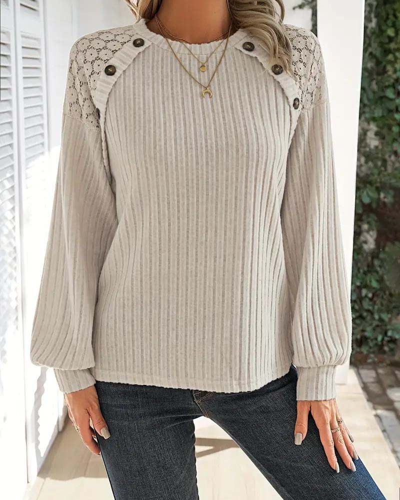 Elegant Ribbed Knit Sweater with Lace Detail