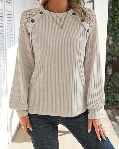 Elegant Ribbed Knit Sweater with Lace Detail
