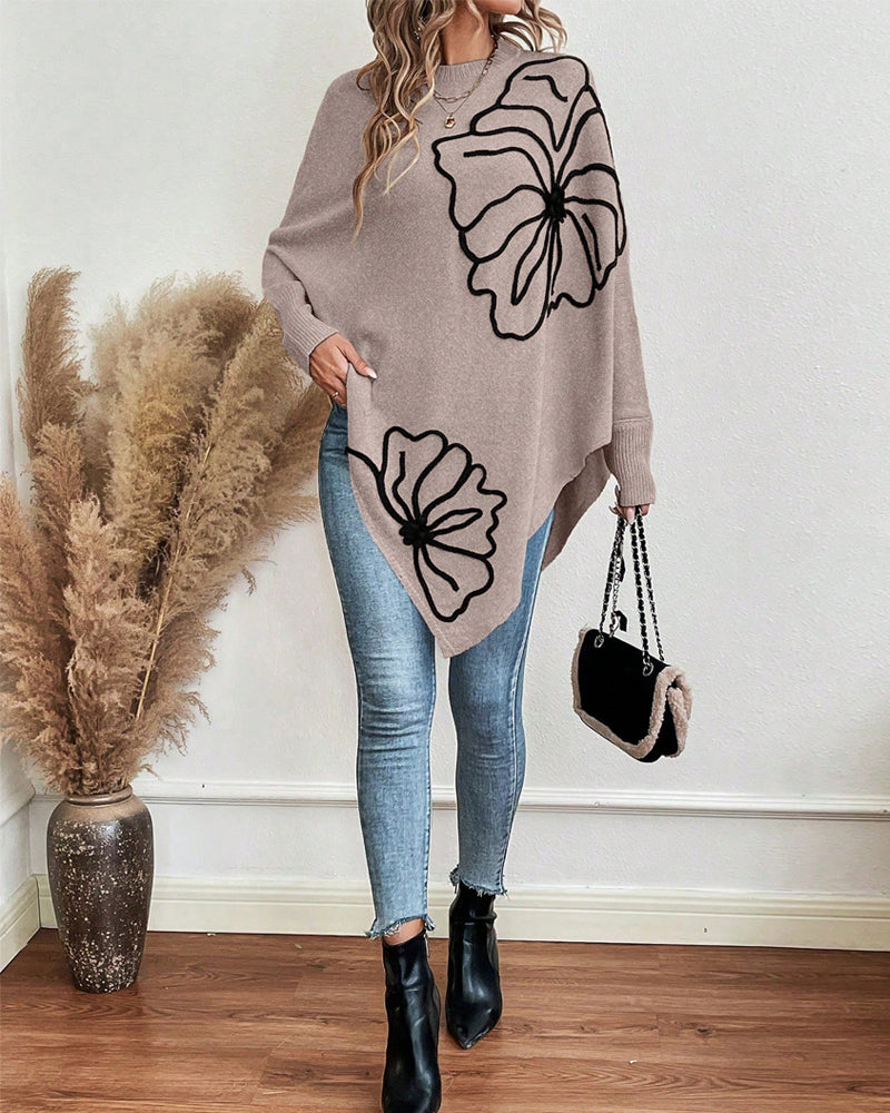 Floral Loose Fit Sweater with Bat Sleeves