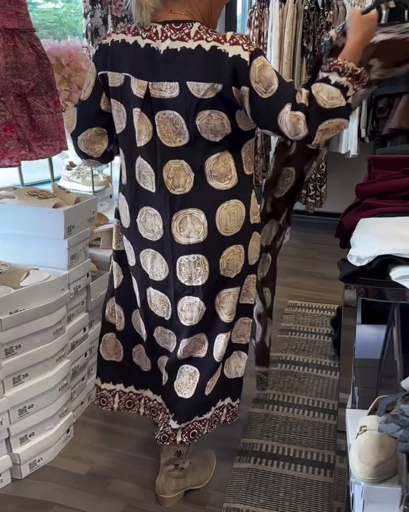 Long Sleeve Dress with V-Neck and Print