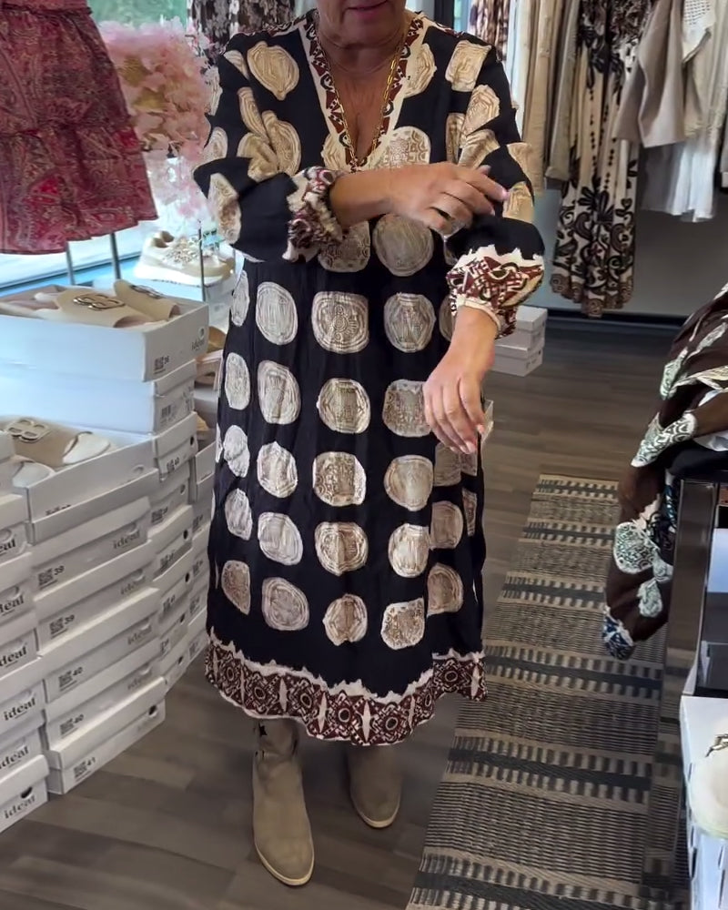 Long Sleeve Dress with V-Neck and Print