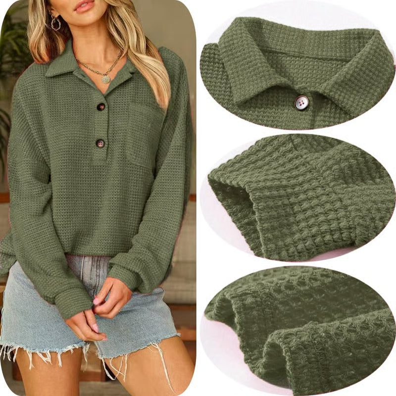 Women's Oversized Henley Waffle Shirts Tops