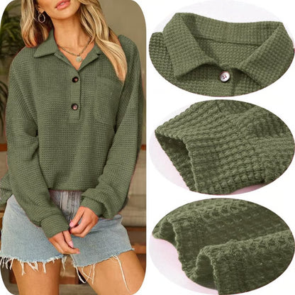 Women's Oversized Henley Waffle Shirts Tops