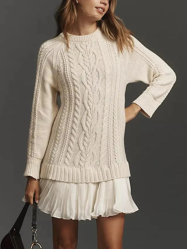 WOMEN CREWNECK CABLE KNIT SWEATER MINI DRESS