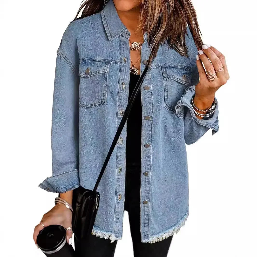 Women Washed Denim Coat Shirt Coats Turn Down Collar Y2k Streetwear Open Stitch Jacket Single Breasted Casual Loose Fit Jackets