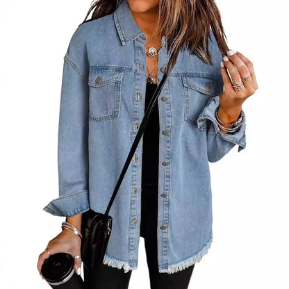 Women Washed Denim Coat Shirt Coats Turn Down Collar Y2k Streetwear Open Stitch Jacket Single Breasted Casual Loose Fit Jackets