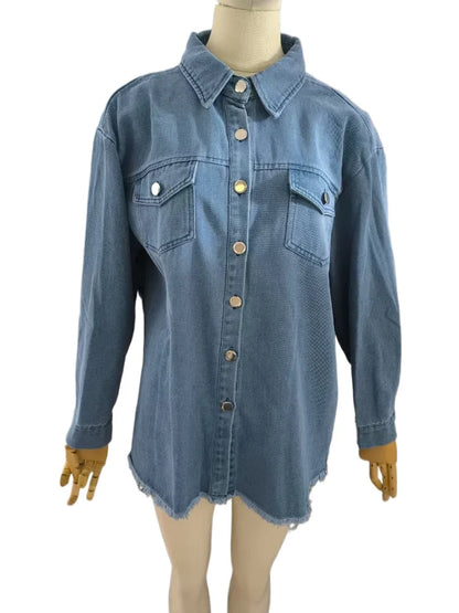 Women Washed Denim Coat Shirt Coats Turn Down Collar Y2k Streetwear Open Stitch Jacket Single Breasted Casual Loose Fit Jackets