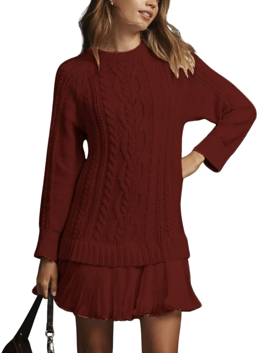 WOMEN CREWNECK CABLE KNIT SWEATER MINI DRESS