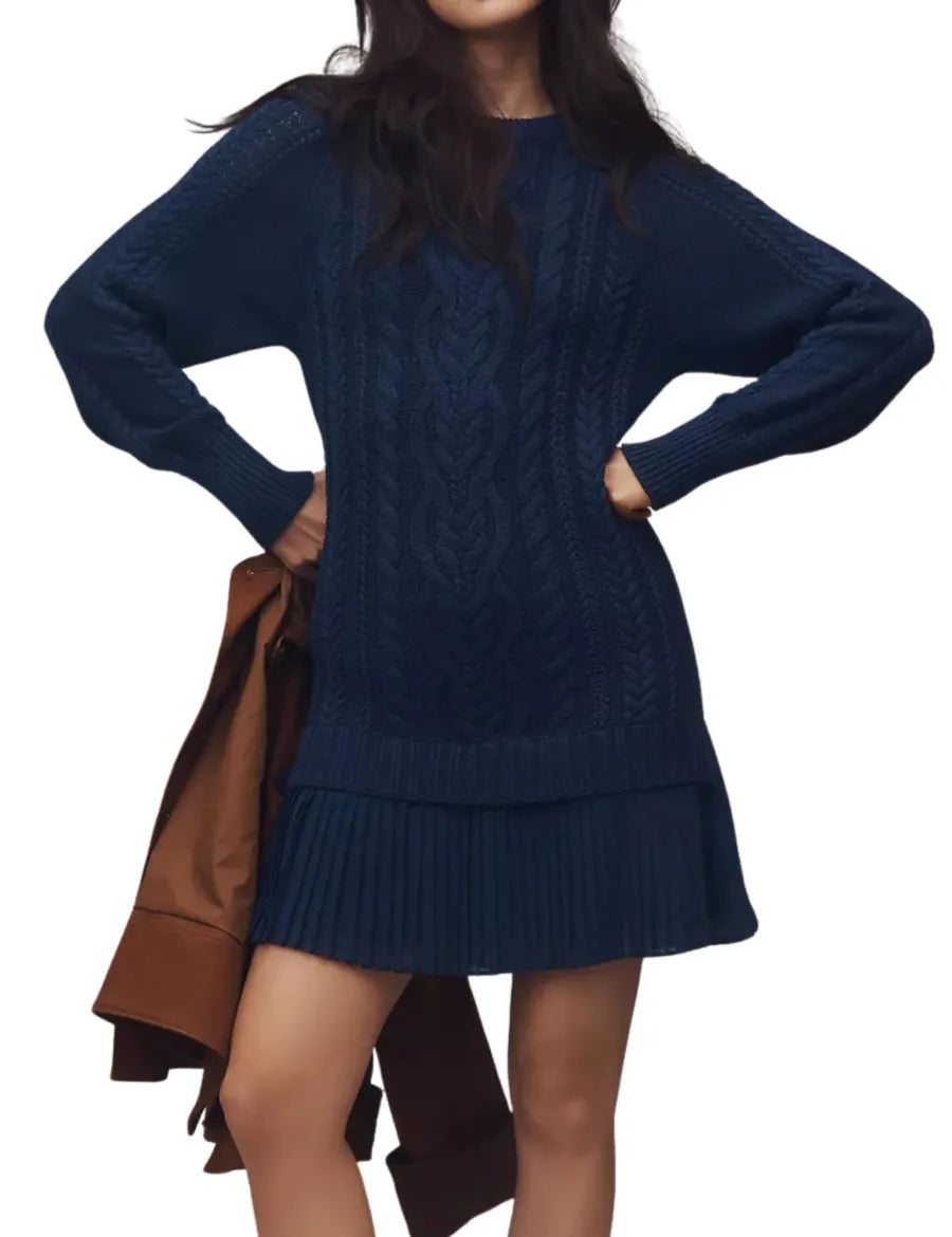 WOMEN CREWNECK CABLE KNIT SWEATER MINI DRESS
