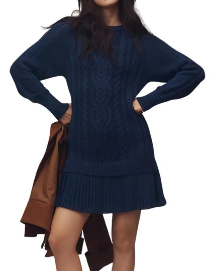 WOMEN CREWNECK CABLE KNIT SWEATER MINI DRESS
