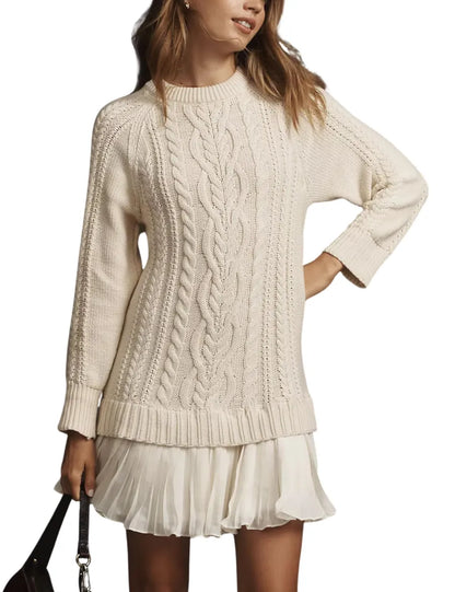 WOMEN CREWNECK CABLE KNIT SWEATER MINI DRESS