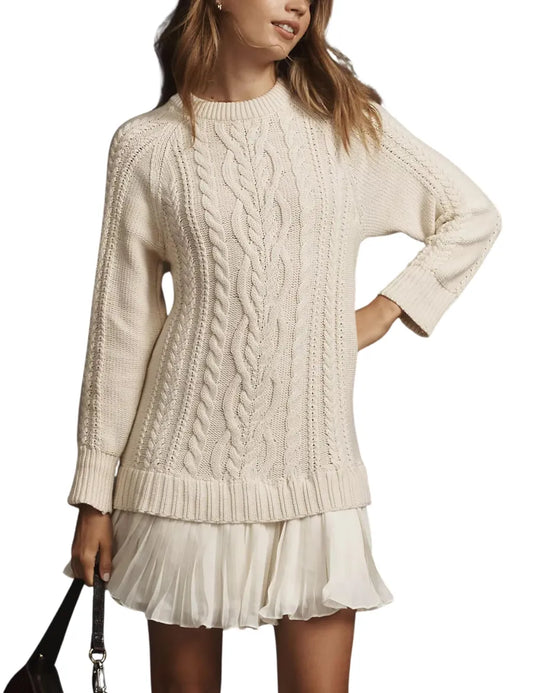 WOMEN CREWNECK CABLE KNIT SWEATER MINI DRESS