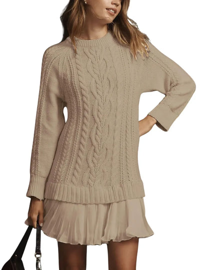 WOMEN CREWNECK CABLE KNIT SWEATER MINI DRESS