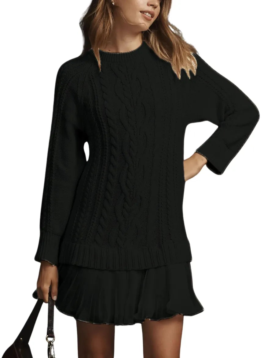WOMEN CREWNECK CABLE KNIT SWEATER MINI DRESS