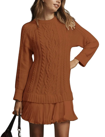 WOMEN CREWNECK CABLE KNIT SWEATER MINI DRESS