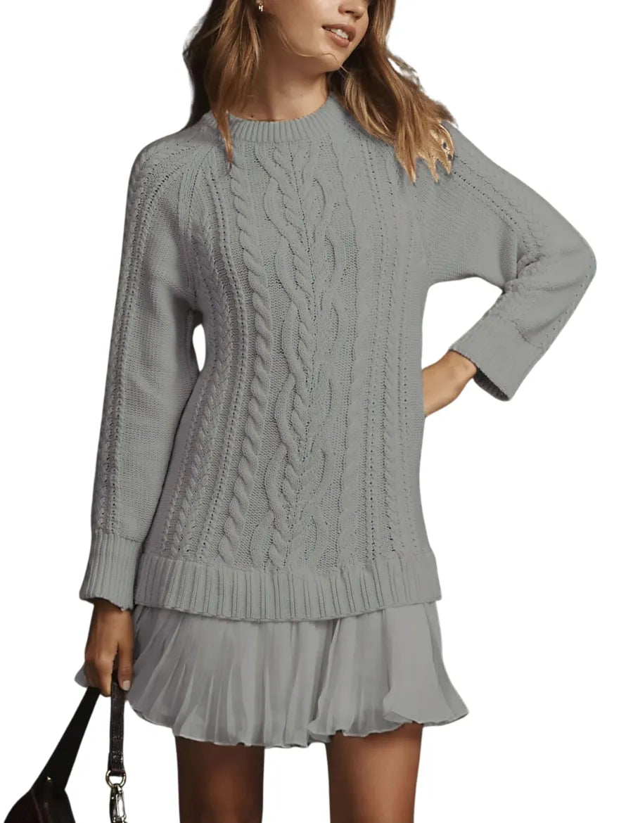 WOMEN CREWNECK CABLE KNIT SWEATER MINI DRESS