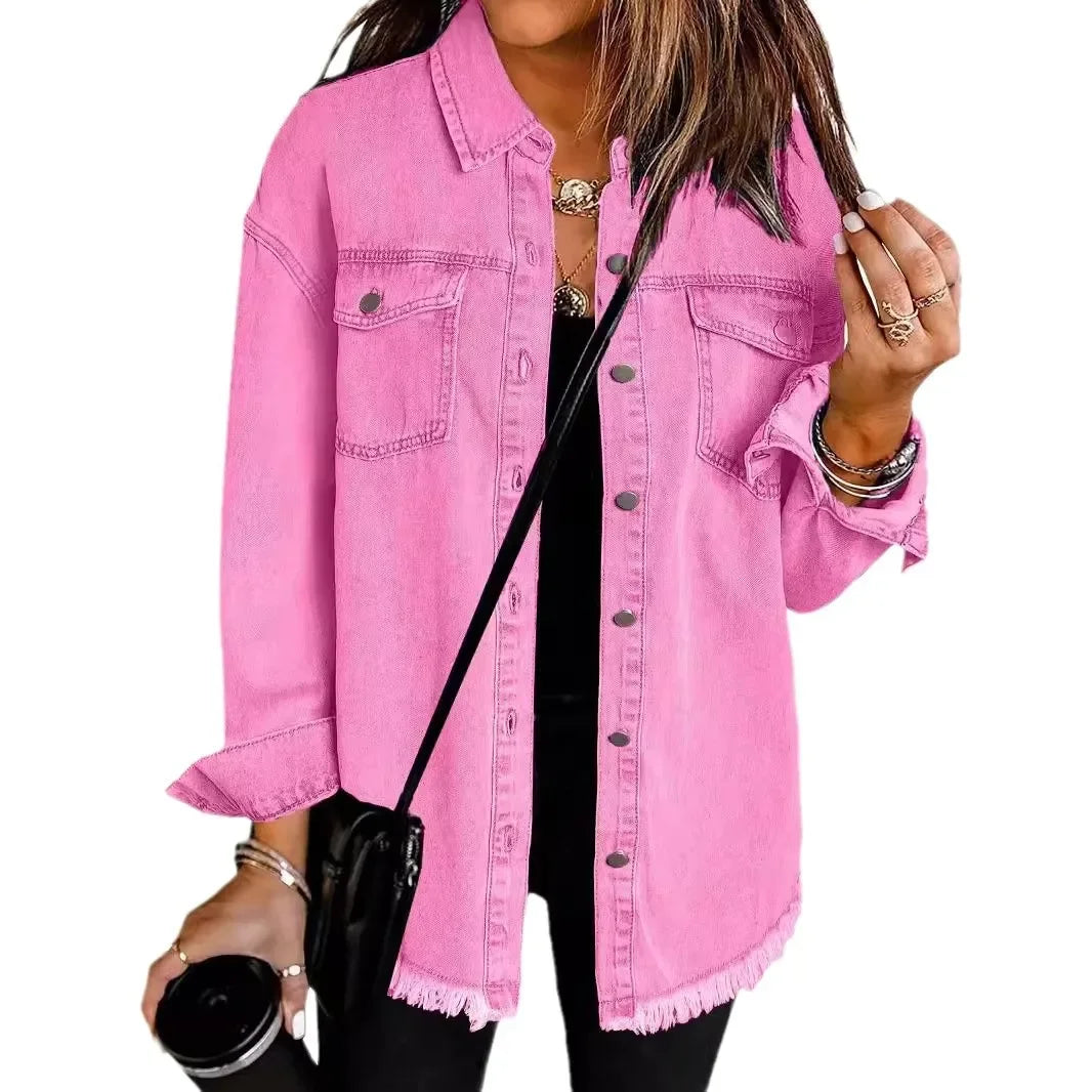 Women Washed Denim Coat Shirt Coats Turn Down Collar Y2k Streetwear Open Stitch Jacket Single Breasted Casual Loose Fit Jackets