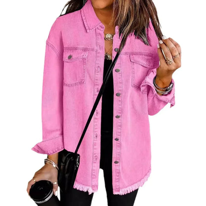 Women Washed Denim Coat Shirt Coats Turn Down Collar Y2k Streetwear Open Stitch Jacket Single Breasted Casual Loose Fit Jackets