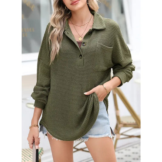 Women's Oversized Henley Waffle Shirts Tops