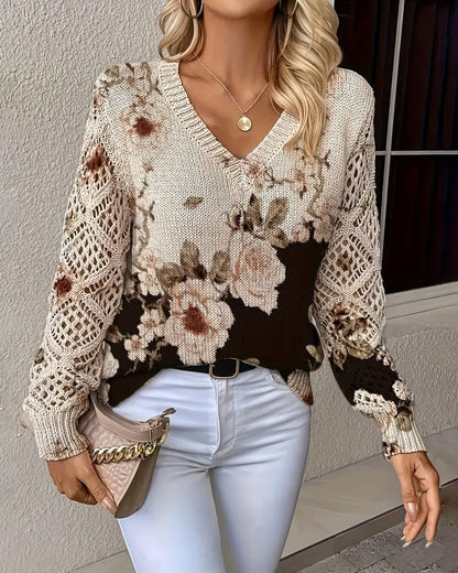 V-Neck Floral Print Hollow Sweater