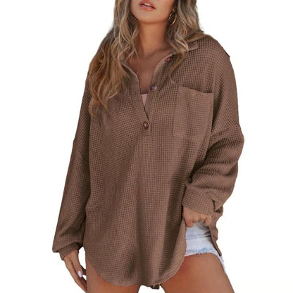 Women's Oversized Henley Waffle Shirts Tops