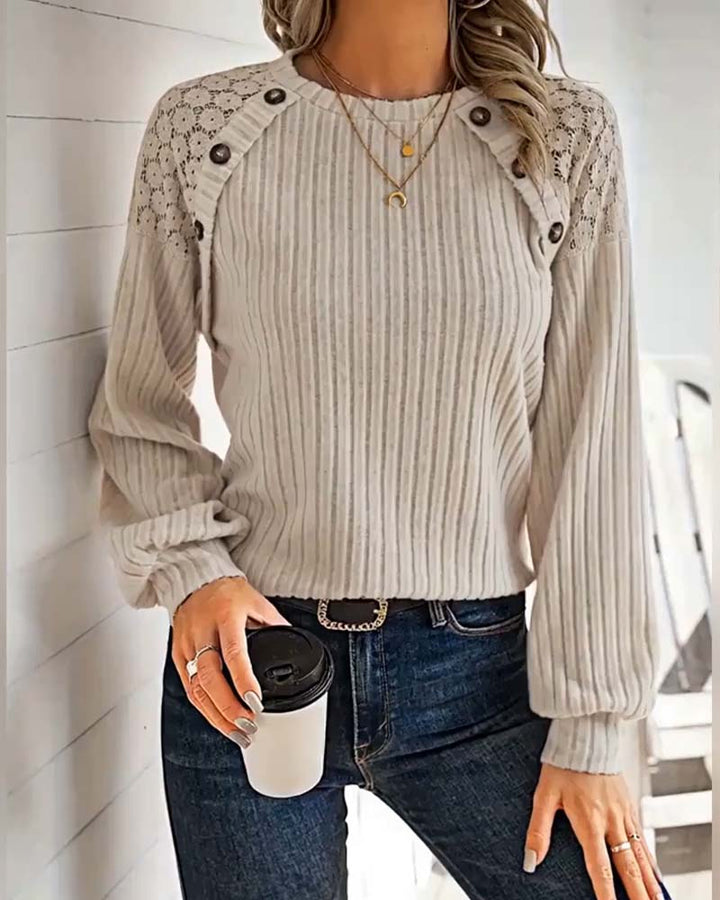 Elegant Ribbed Knit Sweater with Lace Detail