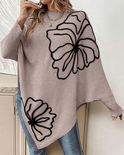 Floral Loose Fit Sweater with Bat Sleeves