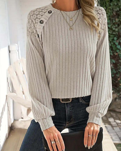 Elegant Ribbed Knit Sweater with Lace Detail
