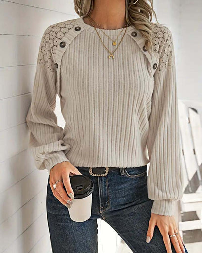 Elegant Ribbed Knit Sweater with Lace Detail