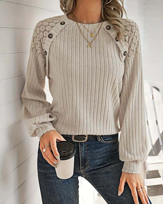 Elegant Ribbed Knit Sweater with Lace Detail